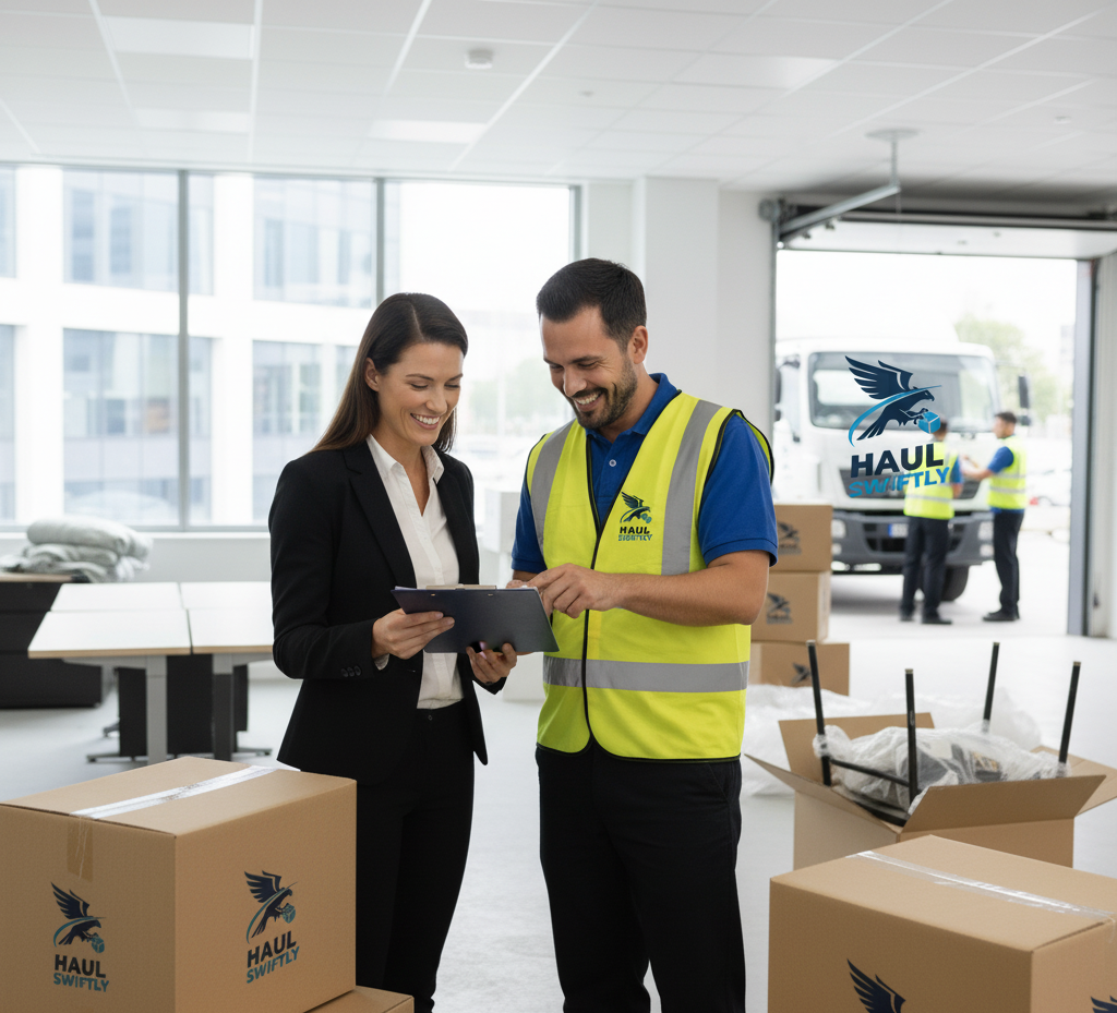 Moving team unloading furniture at new office location